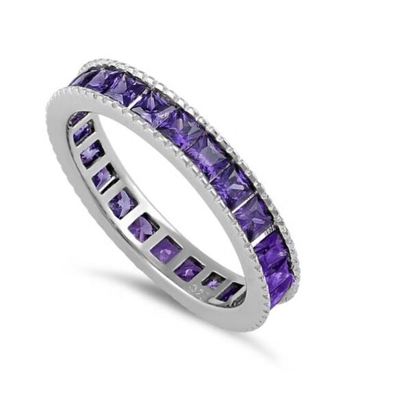 Sterling Silver Purple Amethyst CZ Eternity Band Ring New - Picture 1 of 7